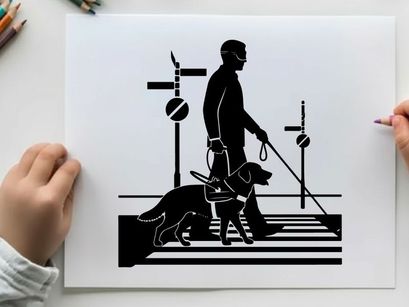 Silhouette of a man with guide dog crossing street