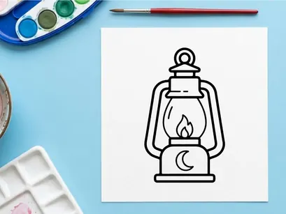 Icono de linterna de Halloween con símbolo de luna. Arte lineal de lámpara de aceite tenebrosa para diseño de festividades.