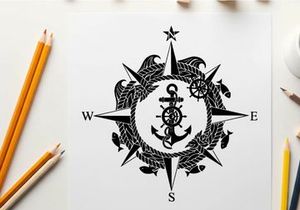 Nautical compass rose with anchor silhouette