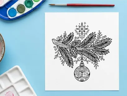 Christmas pine branch with hanging bauble ornament and star line art illustration