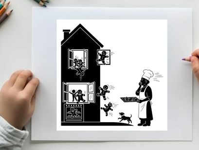 Chaotic scene of children escaping from a house to a worried chef silhouette