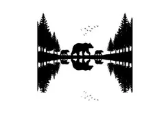 Silhouette of a bear family in a serene forest landscape