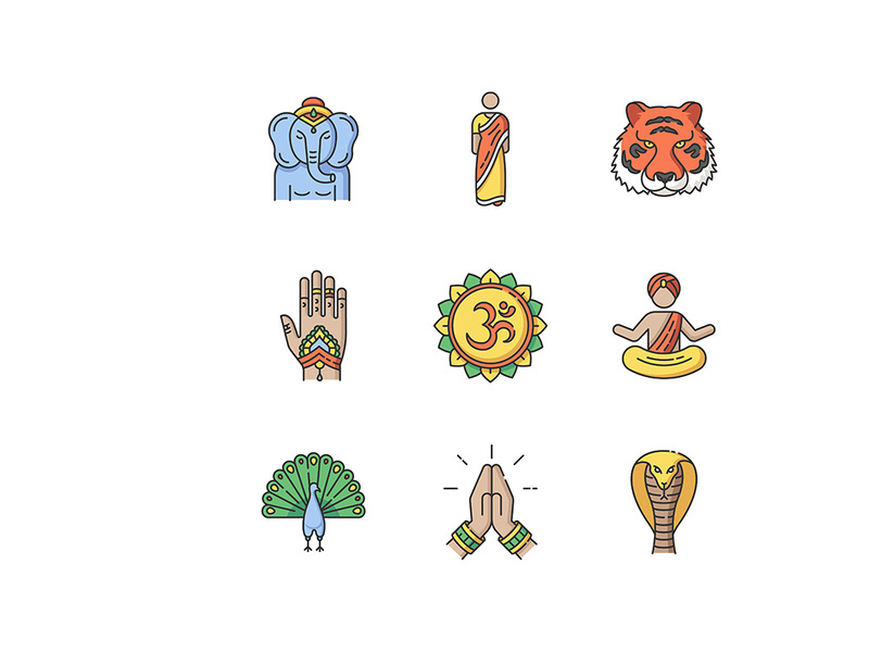 Indian spiritual symbols RGB color icons set