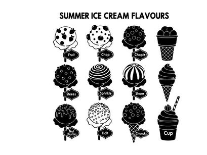 Silhouette of various summer ice cream flavors in black and white