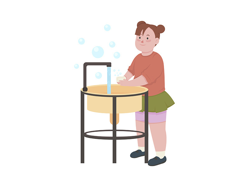 Girl rubbing soap with hands semi flat color vector character