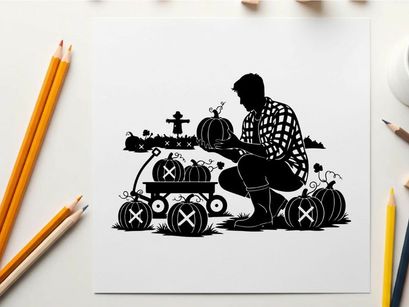 Silhouette of a man picking pumpkins in a patch at dusk