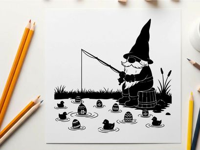 Gnome silhouette fishing with ducks in water scene