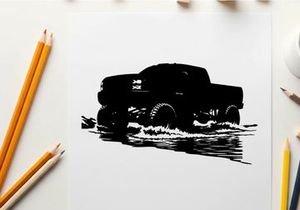 Silhouette of a pickup truck driving through water