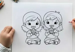 Twin girls eating cupcakes vector illustration flat design