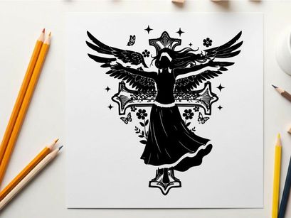 Silhouette of angel with wings and crosses silhouette