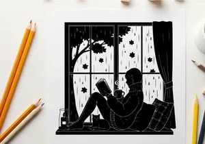Silhouette of a woman reading by the window on a rainy day