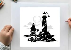 Silhouette of a lighthouse on a rocky coast with a ship
