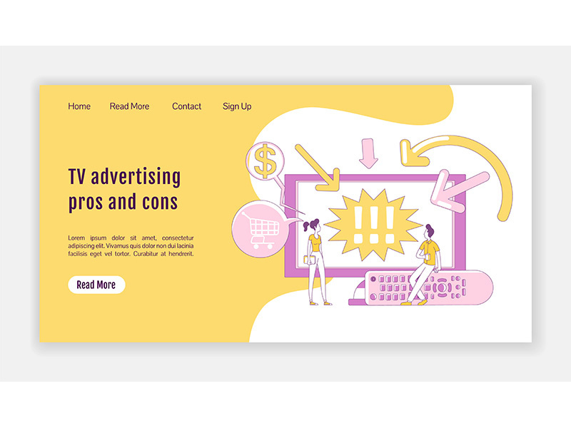 TV advertising pros and cons landing page flat silhouette vector template