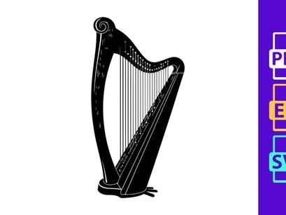 Black Celtic harp isolated on white background minimalist design