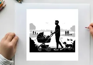 Silhouette of man walking baby stroller and dog in park