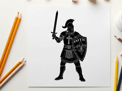 Medieval knight silhouette with sword and shield of faith