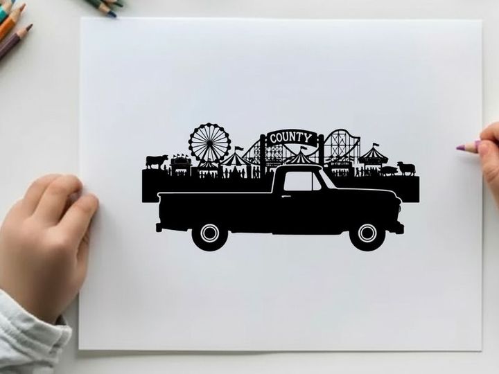 County fair silhouette with pickup truck and amusement park