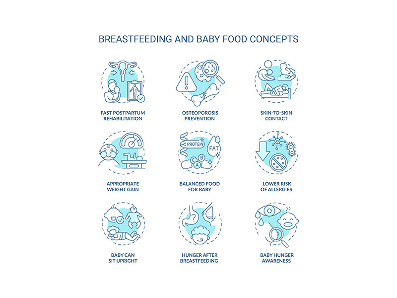 Breastfeeding and baby food concept icons set