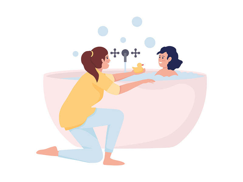 Mother bathing her daughter semi flat color vector characters