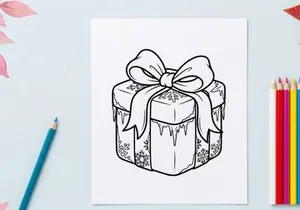 Christmas gift box with bow and snowflakes line art illustration for coloring page