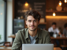 A young man is shown at a café, working on a laptop.