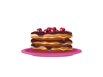 Pancakes with chocolate and cherries realistic vector illustration preview picture