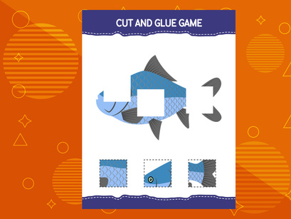 10 Pages Cut and glue game for kids with fish. Cutting practice for preschoolers. Education worksheet.