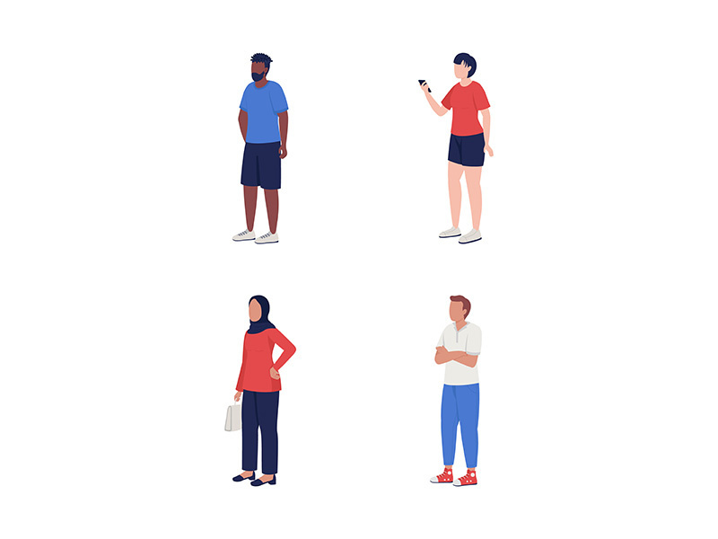 People waiting in queue semi flat color vector characters set