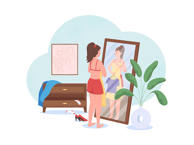 Woman choosing clothes flat color vector faceless character