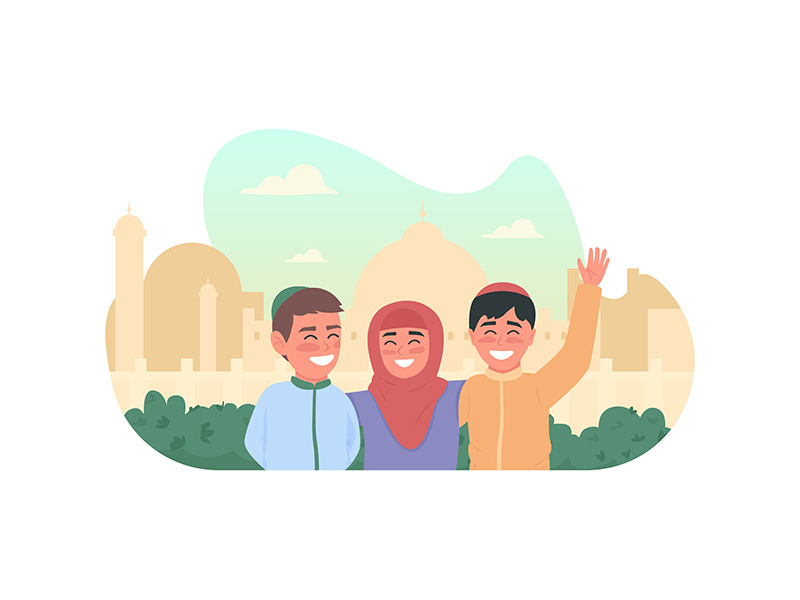 Happy muslim children 2D vector web banner, poster
