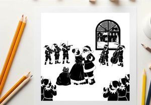 Santa claus silhouette with mrs claus and children on a snowy night
