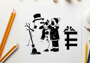Silhouette of snowman and girl with broom and birds