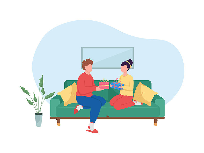 Couple exchanges gifts 2D vector web banner, poster