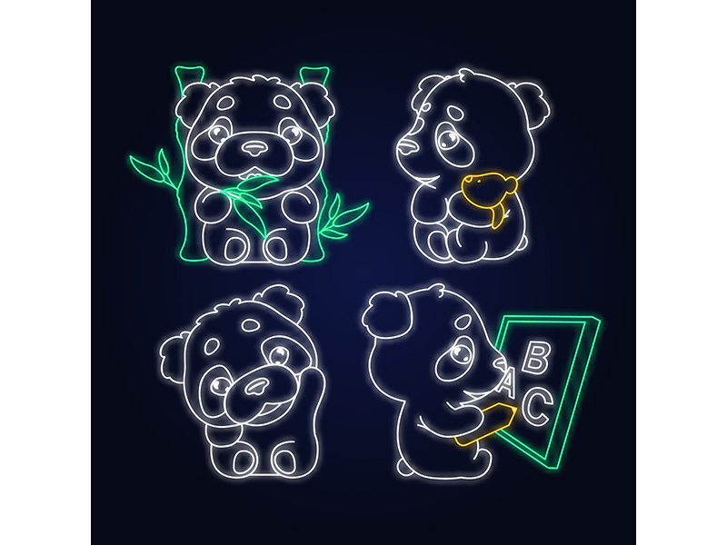 Cute panda kawaii neon light characters pack