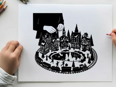 Silhouette of a person building a miniature winter village scene