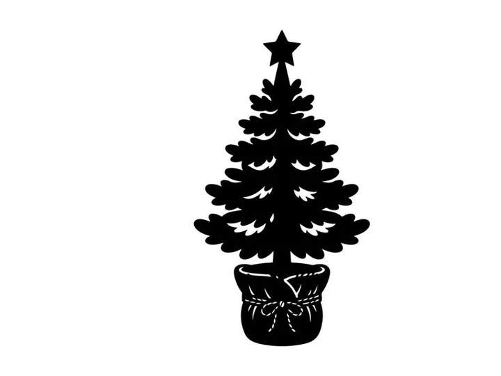 Black silhouette of a Christmas tree in a pot with a star topper on white background