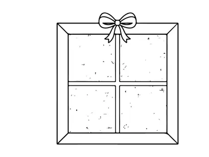 Ilustrasi seni garis jendela Natal dengan kepingan salju dan ranting pinus yang meriah
