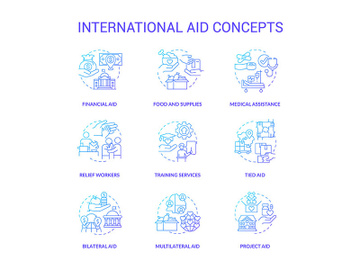 International aid blue gradient concept icons set preview picture