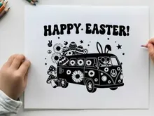 Easter bunny silhouette in vw van with eggs