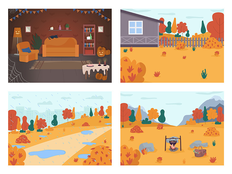 Fall holiday scene semi flat vector illustration set