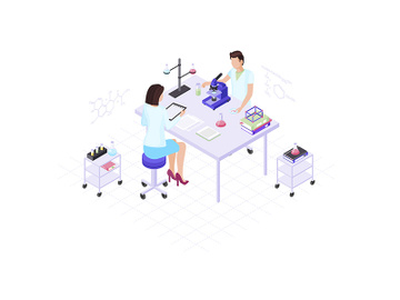 Scientists, chemists, biologists, research workers isometric color vector illustration preview picture