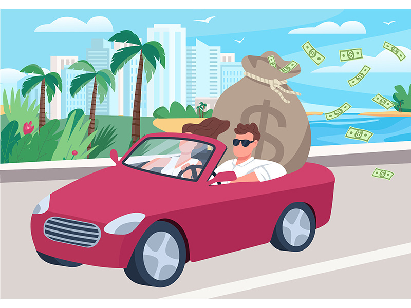 Successful man in car with money bag flat color vector illustration