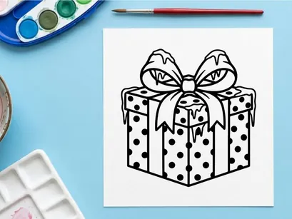 Christmas gift box with bow line art illustration for coloring page design