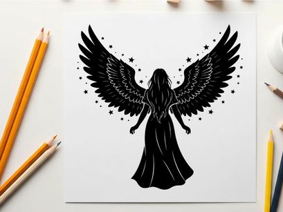 Silhouette of a mystical angel with wings and stars