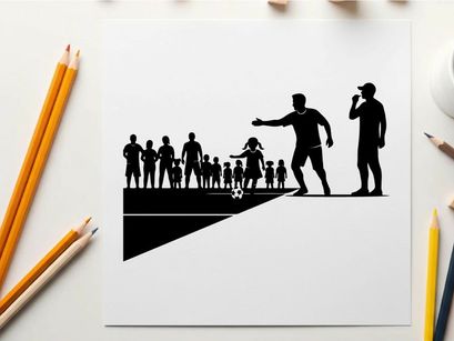 Silhouette of a man guiding children in a soccer game with coach