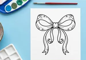 Hand drawn Christmas ribbon bow illustration with snowflake patterns on white background.
