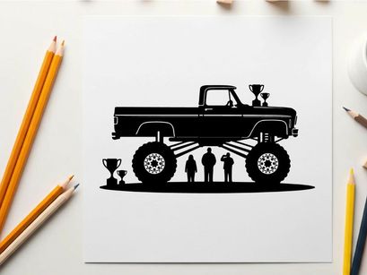 Large silhouette of a lifted truck with people underneath