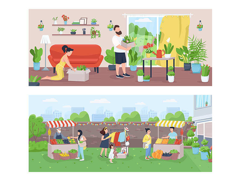 Gardeners and farmers flat color vector illustration set