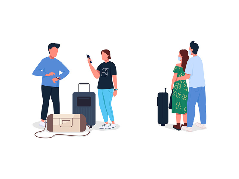 Airplane passengers flat color vector faceless character set