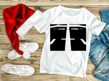 A black and white image of a road with white markings and numbers preview picture